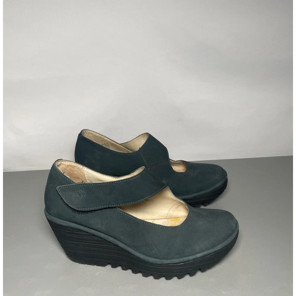 Fly London Yasi YASI682FLY Teal Mousse Leather Wedge Shoes EU40 US9